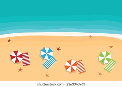 Beautiful beach with color umbrellas and towels on sand. Top view vector cartoon illustration