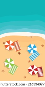 Beautiful beach with color umbrellas and towels on sand. Top view vector cartoon illustration