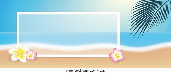 beautiful beach with frangipani tropical flowers palm leaf and white border vector illustration EPS10