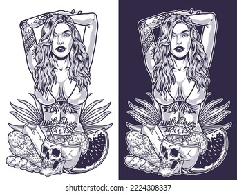 Hermosa chica de playa monocromo etiqueta con comida y cócteles para relajarse por mar cerca de mujer tatuada en bikini ilustración vectorial