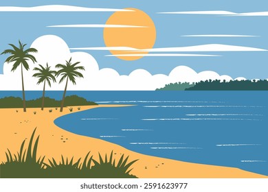 Beautiful beach landscape in cartoon design. Sandy beach with palm trees, sun and beautiful clouds. Paradise holiday or vacation. Tropical beach.