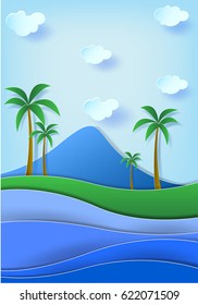 Beautiful beach landscape with coconut trees and mountain background, paper cut style