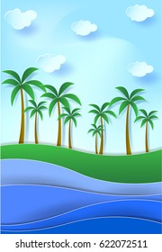 Beautiful beach landscape with coconut trees, paper cut style