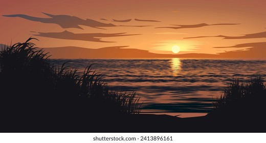 Beautiful beach landscape with grass in silhouette