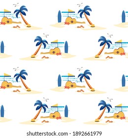 Hermoso paisaje playero sin fisuras en el patrón vectorial. Antecedentes blancos de la escena de la Isla Tropical. vacaciones de verano en Hawái, playa de costa, palmera, ola oceánica, ilustración de surf dibujada a mano