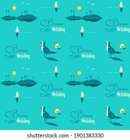 Beautiful Beach Landscape seamless vector pattern. Tropical Island Scene cartoon white background. Hawaii holiday summer vacation, seaside beach, palm tree, ocean wave, boating hand drawn illustration