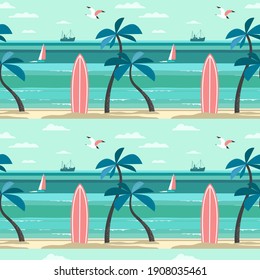 Beautiful Beach Landscape seamless vector pattern. Tropical Island Scene cartoon white background. Hawaii holiday summer vacation, seaside beach, palm tree, ocean wave, surfing hand drawn illustration