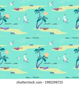 Beautiful Beach Landscape seamless vector pattern. Tropical Island Scene mint colour background. Hawaii holiday summer vacation, seaside beach, palm tree, ocean wave, boating hand drawn illustration