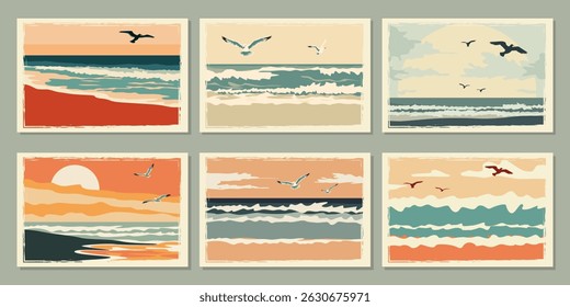 Beautiful beach landscapes with waves and seagulls for postcards, backgrounds, posters and design. Retro beach seascapes, vector illustrations set. Vintage beach landscapes set in minimalist style.