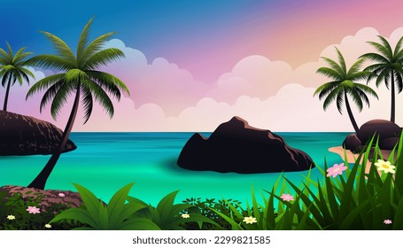 Beautiful beach lush leaves and flower, palm trees and some rocks, vector landscape