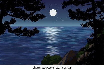 Hermoso paisaje nocturno de playa con árboles y colinas. Ilustración de paisaje de vectores