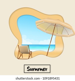 Beautiful beach with ocean background in paper art style. Vector illustration