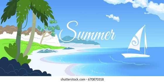 Beautiful beach, palm trees and boats on the beach. The blue lagoon with clear water. Summer vacation, vector image.