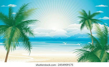 Beautiful Beach with Palm Trees in the Shore with clear water, cloud and sky