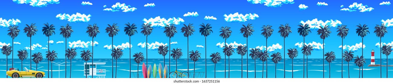 Beautiful beach with beautiful palm trees, turquoise ocean water and blue sky with clouds on a sunny day. A natural backdrop for a summer vacation. Surfing beach. EPS 10 vector illustration