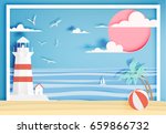 Beautiful beach paper art style with frame vector illustration