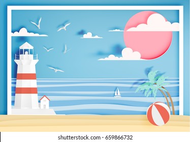 Beautiful beach paper art style with frame vector illustration