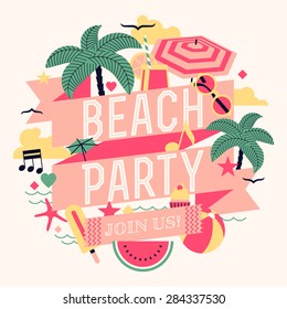 Beautiful beach party design element with palms, beach items, music notes and more. Ideal for seasonal event poster, web banner or invitation