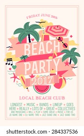 Beautiful beach party design element with palms, beach items, music notes and more. Ideal for seasonal event poster, web banner or invitation