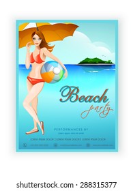 Beautiful Beach Party template, banner or flyer design with illustration of a young modern girl on nature background. 