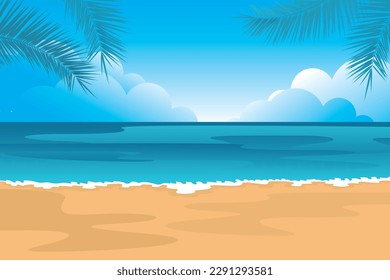 Beautiful beach scene against a backdrop of blue sky and coconut leaves