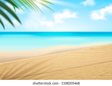 Beautiful beach scene bokeh background in 3d illustration with wooden table elements