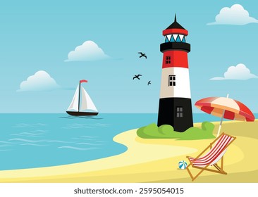 A beautiful beach scene featuring a lighthouse, sailboat, and beach chair under an umbrella. Perfect for summer, travel, tourism, and vacation themes. Ideal for posters, wallpapers, and web design