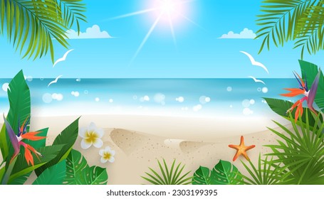 beautiful beach scene in summer with tropical plants