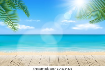 Beautiful beach scene with wooden table elements, coconut leaf and bokeh background. Vector illustration. 