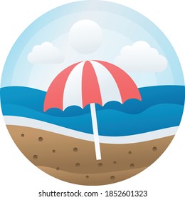 Beautiful Beach with Striped Umberlla landscape concept, Ocean Waves in Round vector icon design