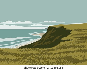 Beautiful beach at sunny day with grass and cliff