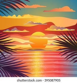 Beautiful beach sunset landscape. Flat design, vector design illustration.