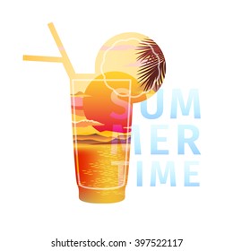 Beautiful beach sunset landscape. Flat design, vector design illustration.