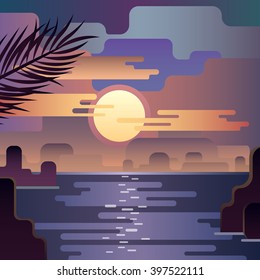 Beautiful beach sunset landscape. Moon on the sky. Flat design, vector design illustration.
