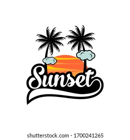 A beautiful beach sunset palm tree vector logo design featuring a serene sunset over the ocean with palm trees. Perfect for travel agencies, resorts, vacation rentals, and beach-themed branding