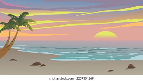 Beautiful beach sunset with palm trees. Vector cartoon scenery