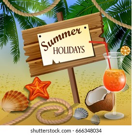 Beautiful beach top view with starfish palm leaves rope and wooden board and glass of beverage vector illustration