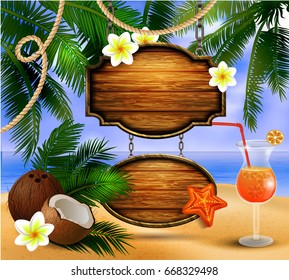 Beautiful beach top view with starfish palm leaves rope and wooden boards on chain and glass of beverage vector illustration