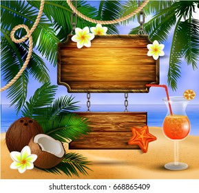 Beautiful beach top view with starfish palm leaves rope and wooden boards on chain and glass of beverage vector illustration