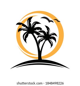 Beautiful beach tourism destination logo. vector waves of the beach island with palm trees