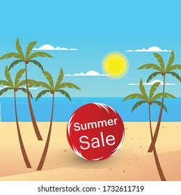 A beautiful beach with trees and cloudy sky in summer season, summer sale - vector illustration