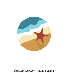 Beautiful beach tropical landscape with starfish on sand in circle flat vector illustration