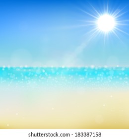 Beautiful beach and tropical sea and bright sun, light on lens. Vector illustration