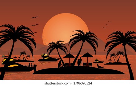 Beautiful beach under sunset with people