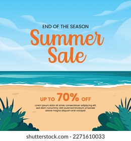 Bonita ilustración vectorial de playa. Ilustración del vector del cielo azul y oceánico. Cartel de venta de verano o diseño de volante.