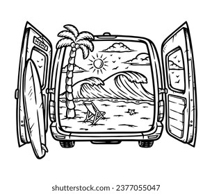 beautiful beach view in the car line illustration