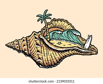 beautiful beach view inside the shells illustration