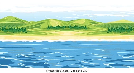 Beautiful beach views with rolling green hills and calm sea. 