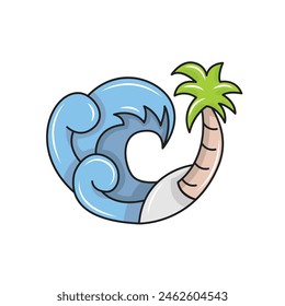 beautiful beach waves with coconut trees on the shore. solid color style.