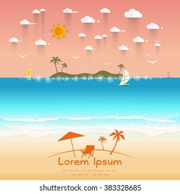 Beautiful beach with white sand, wave of sea, sailboat and sunrays. Text for travel agents. Summer offers Vector 
illustration